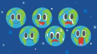 Illustration of six cartoon Earths expressing emotions—happy, chatty, sad, surprised, angry, stressed